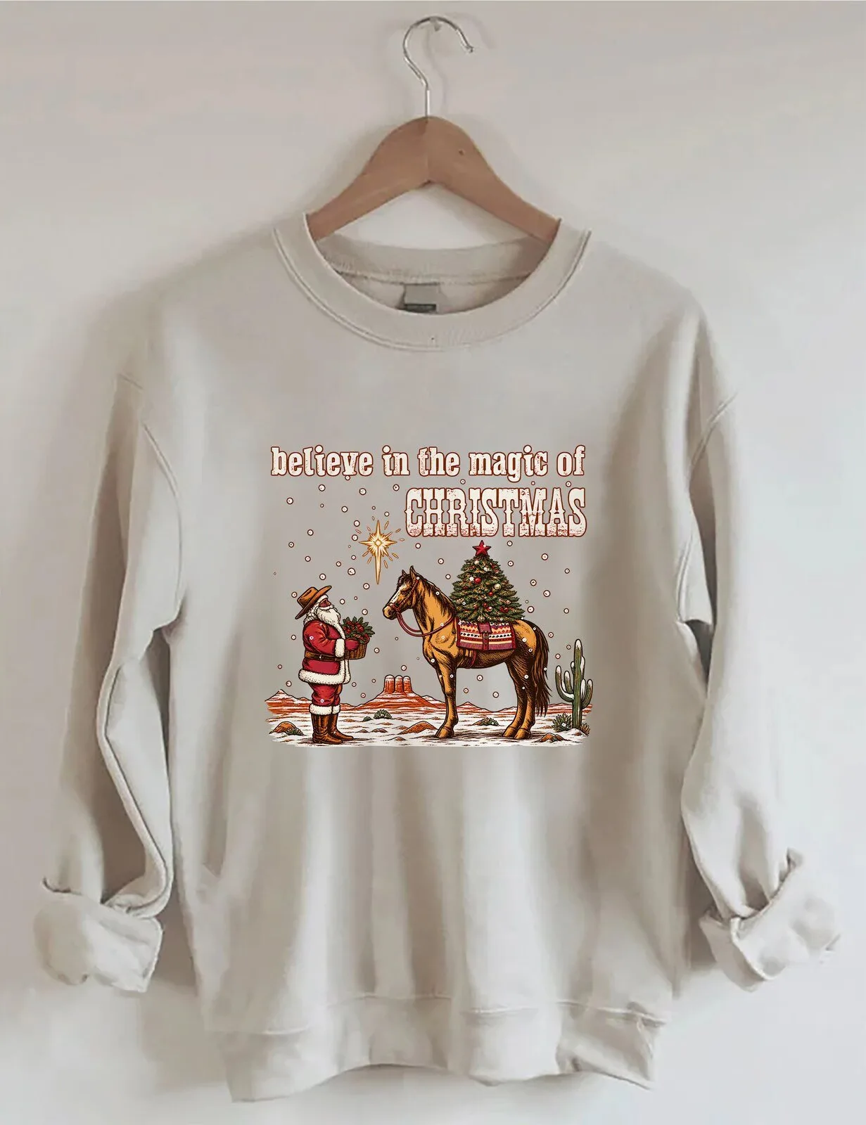 Believe In The Magic Of Christmas Western Santa Claus Horse Sweatshirt