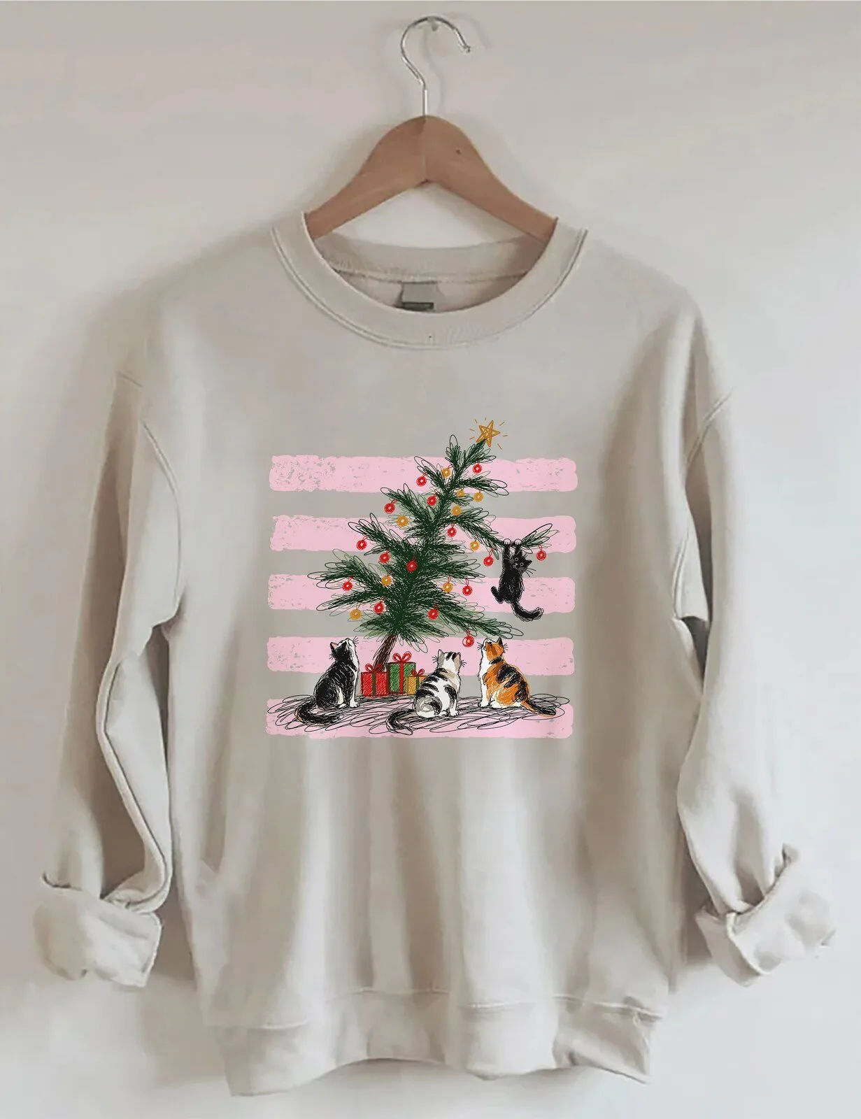 Cute Cats Playing Around Christmas Tree Holiday Crewneck Sweatshirt