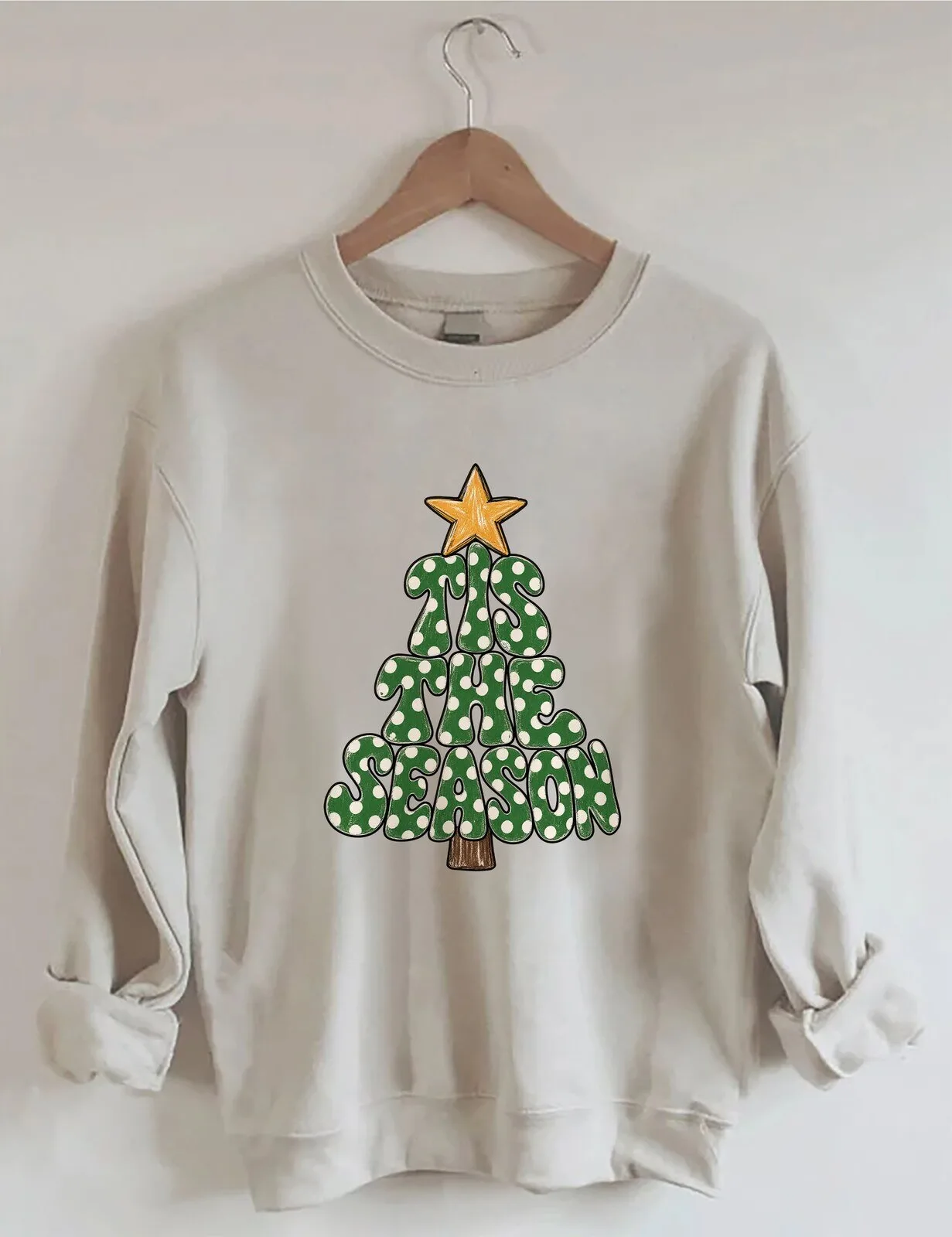 The Season Christmas Tree Polka Dot Star Holiday Crewneck Sweatshirt