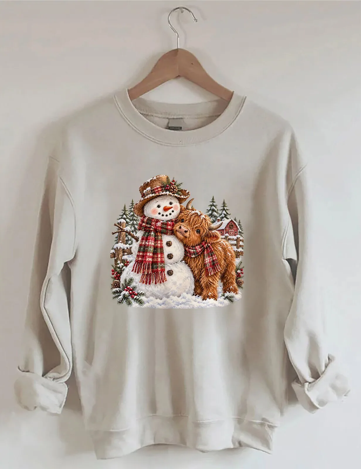 Christmas Highland Cow and Snowman Winter Holiday Crewneck Sweatshirt