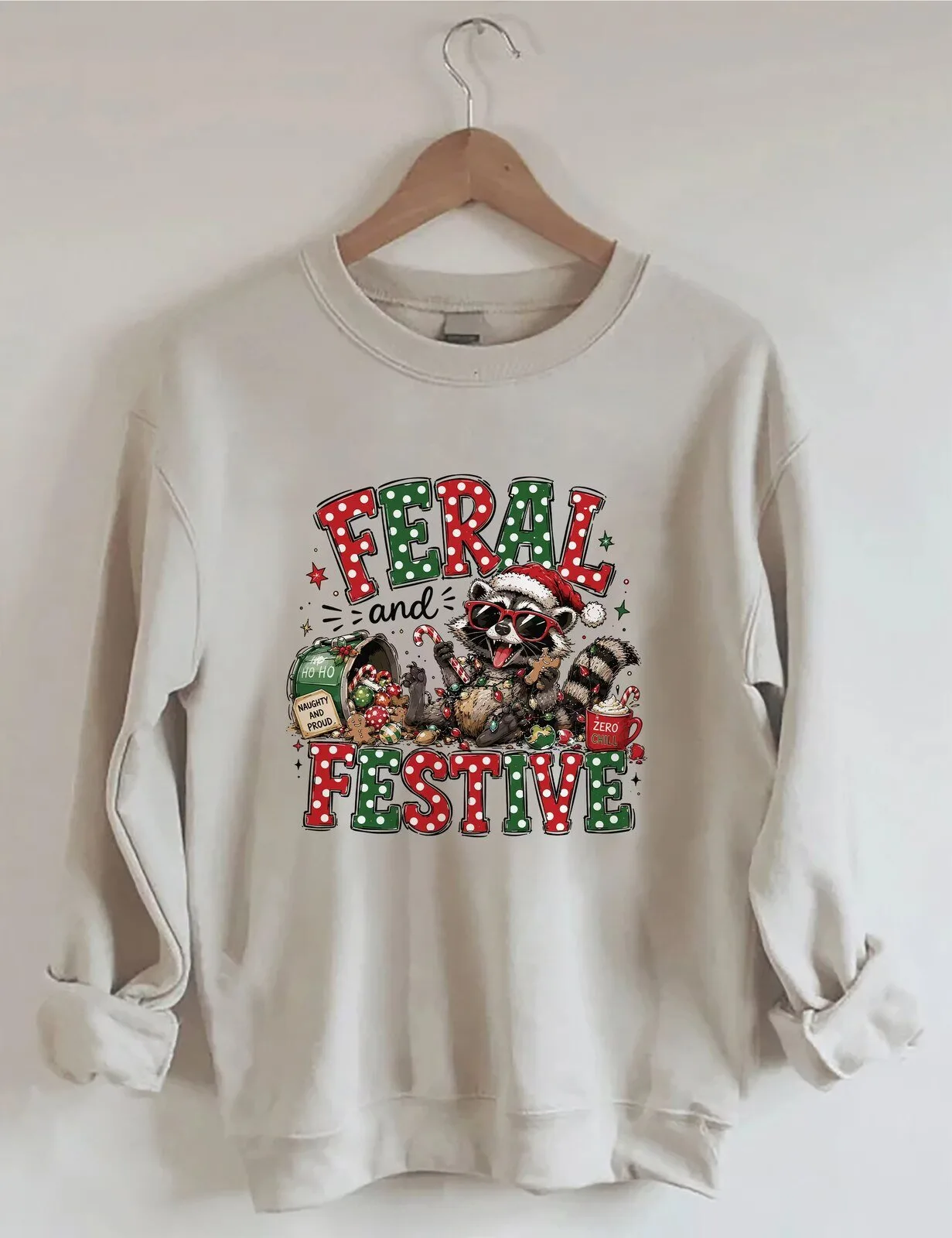 Feral and Festive Christmas Raccoon Holiday Party Crewneck Sweatshirt