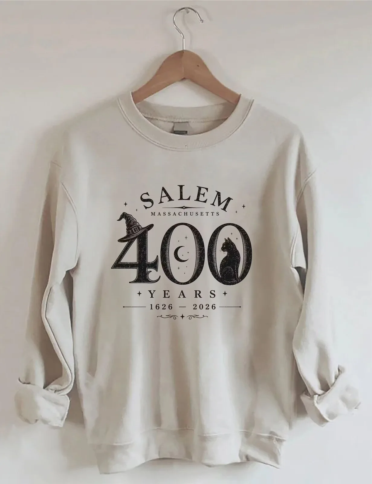 Anniversary Sweatshirt: 400 Years of Salem Massachusetts with Witch and Black Cat Design