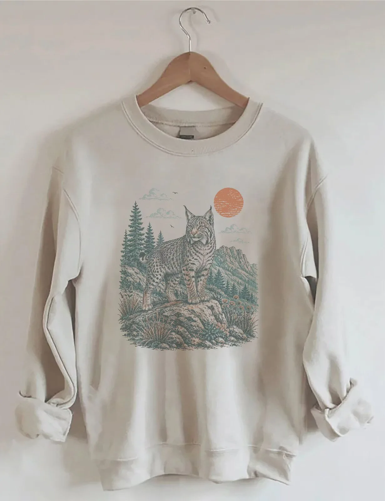 Graphic Crewneck Sweatshirt featuring Bobcat Mountain Wildlife Nature Scene
