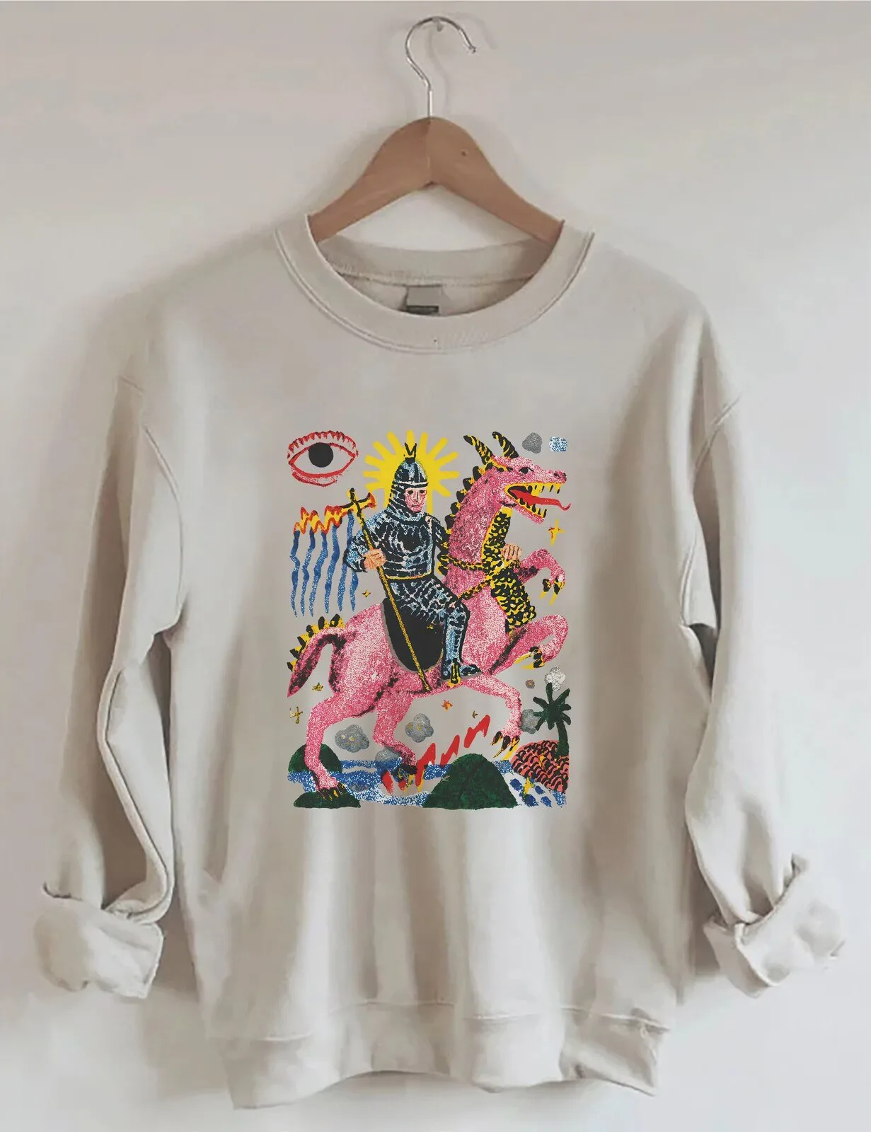 Medieval Knight Riding Pink Dragon Fantasy Art Sweatshirt