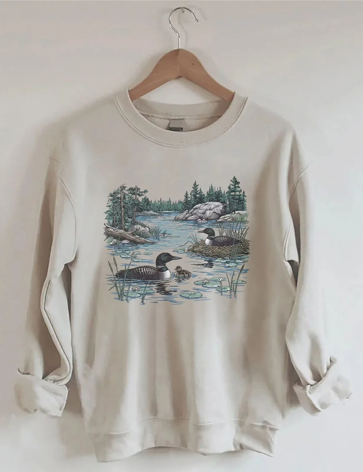 Loon Family Lake Habitat Nature Lover Crewneck Sweatshirt